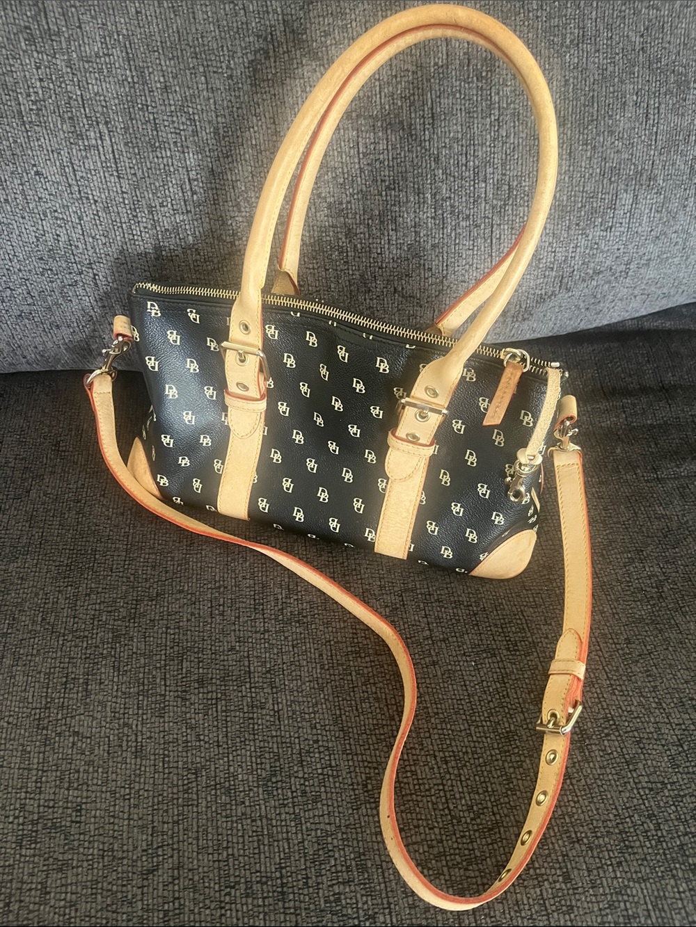 Dooney & Bourke Black Satchel with Tan Trim